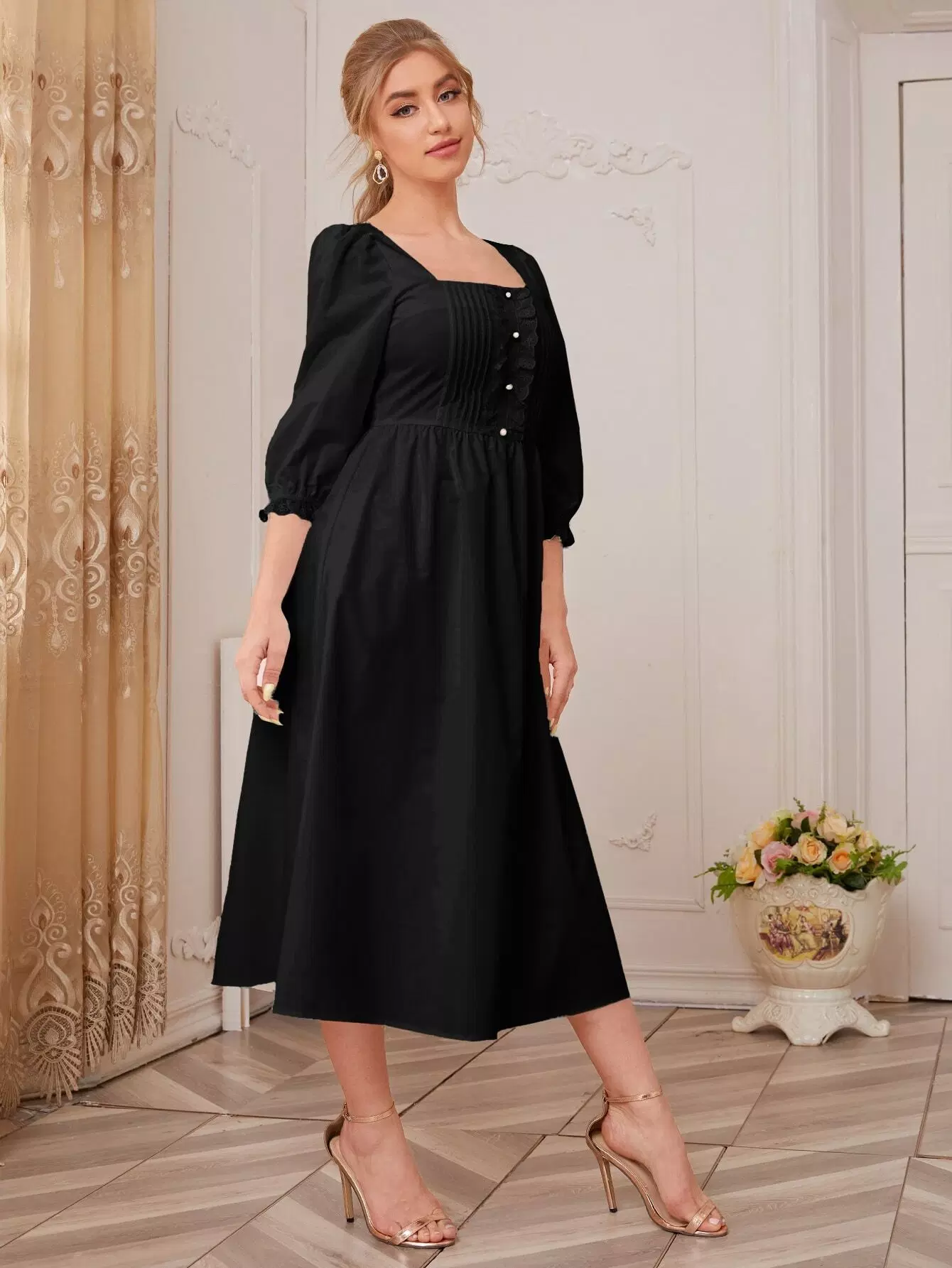 Square Neck Eyelet Embroidered Frill Trim Pleated Front Dress - Image 5