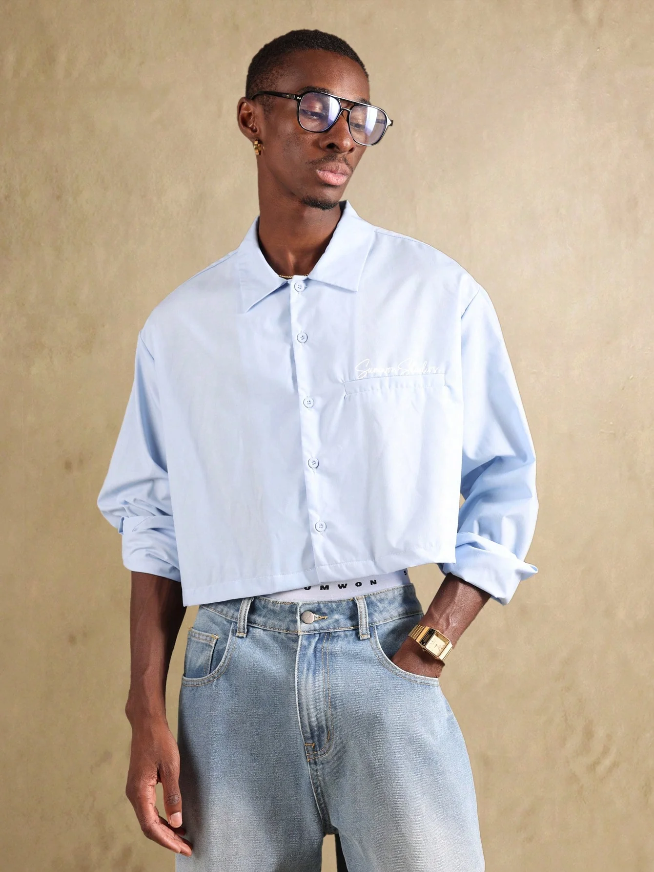 SUMWON Designer Collection Boxy Cropped Button Down Shirt Lightweight Summer Casual Short Sleeve Office Work Minimalist Streetwear - Image 5