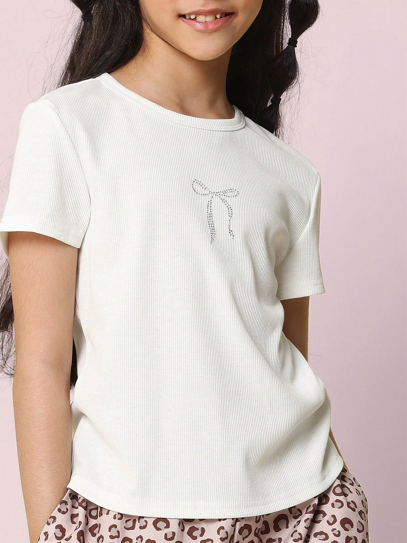 SUMWON Ribbed Baby Tee With Crystal Bow Detail Summer Casual Short Sleeve Basic T Shirt Fitted Design Classic Crew Neck Rhinestone Embellished - Image 3