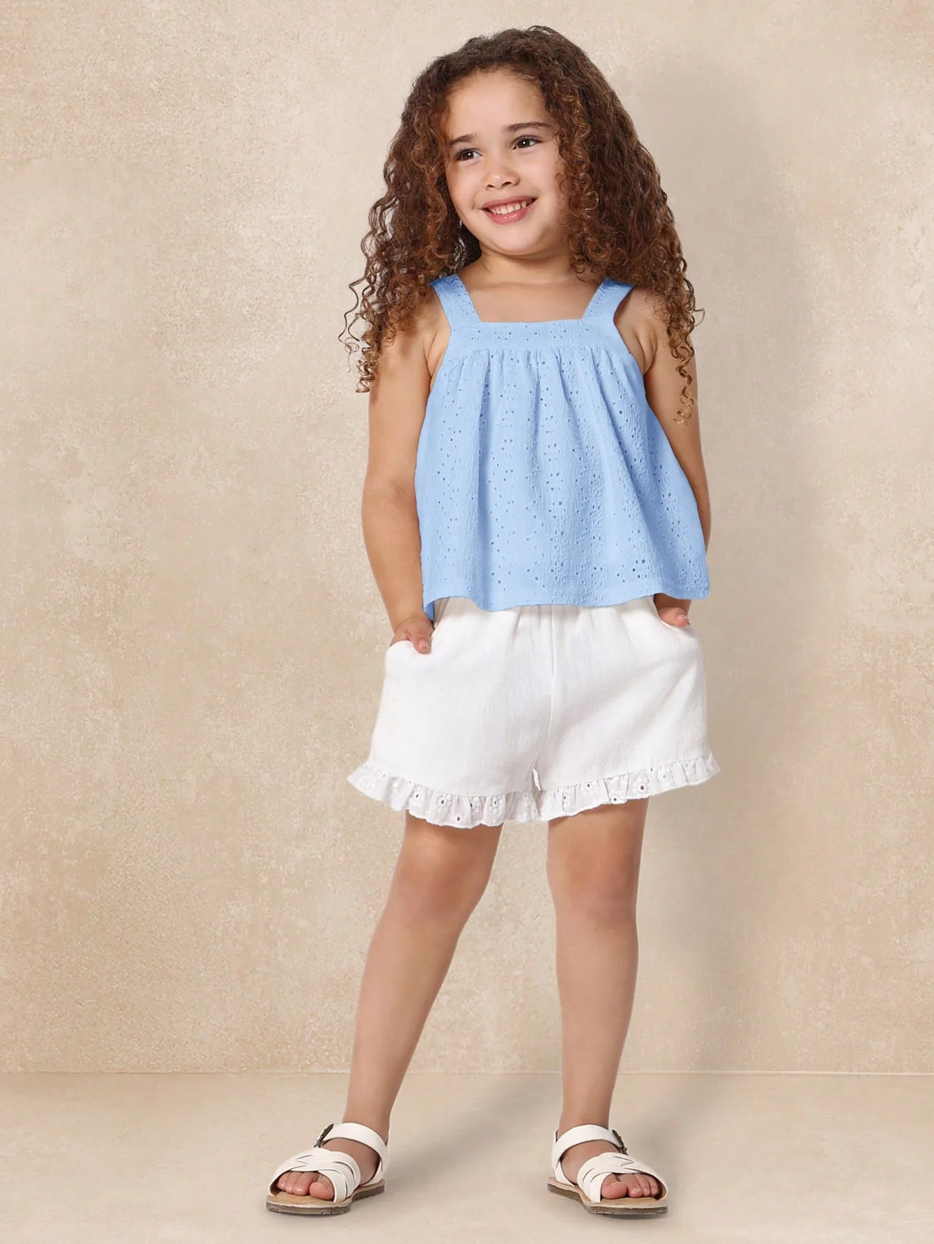 SUMWON Summer Eyelet Lace Tank Top Spaghetti Strap Sleeveless Babydoll Blouse Smocked Top For Girls - Image 3