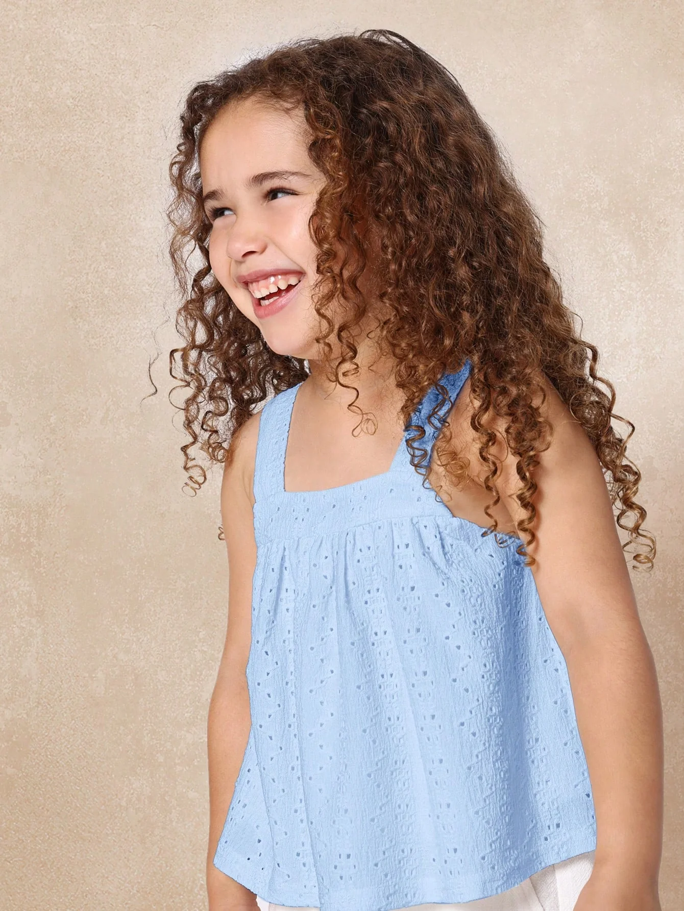 SUMWON Summer Eyelet Lace Tank Top Spaghetti Strap Sleeveless Babydoll Blouse Smocked Top For Girls - Image 4