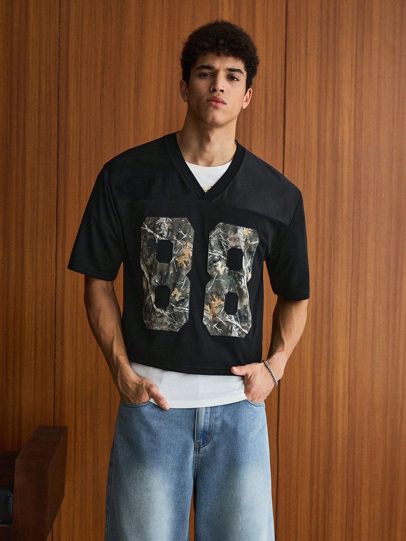SWAVVY Standard Size Men's Fashion Casual Loose Short V-Neck Camouflage & Leaf Patch Patchwork Glossy Black Knitted T-Shirt - Image 3