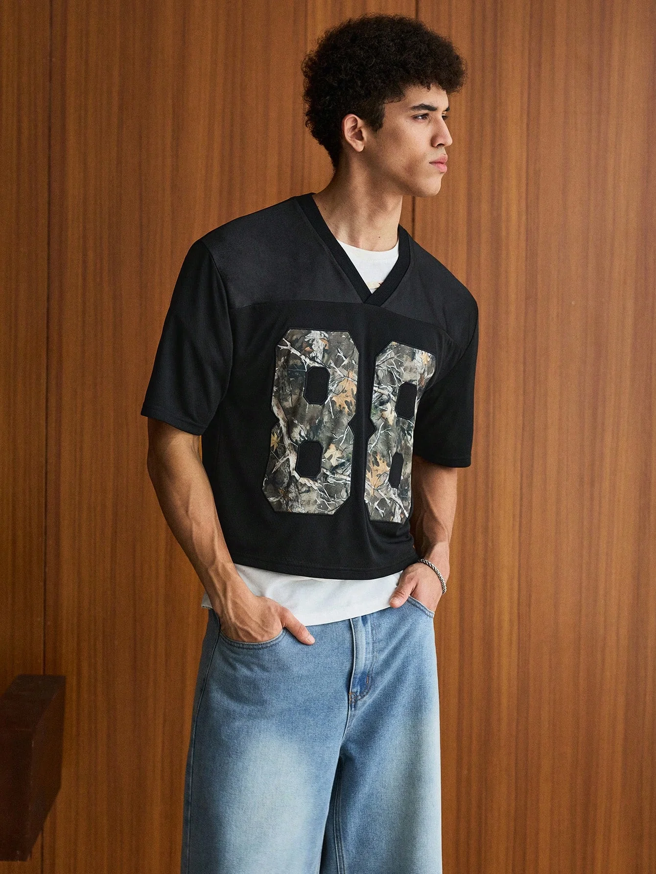 SWAVVY Standard Size Men's Fashion Casual Loose Short V-Neck Camouflage & Leaf Patch Patchwork Glossy Black Knitted T-Shirt - Image 4