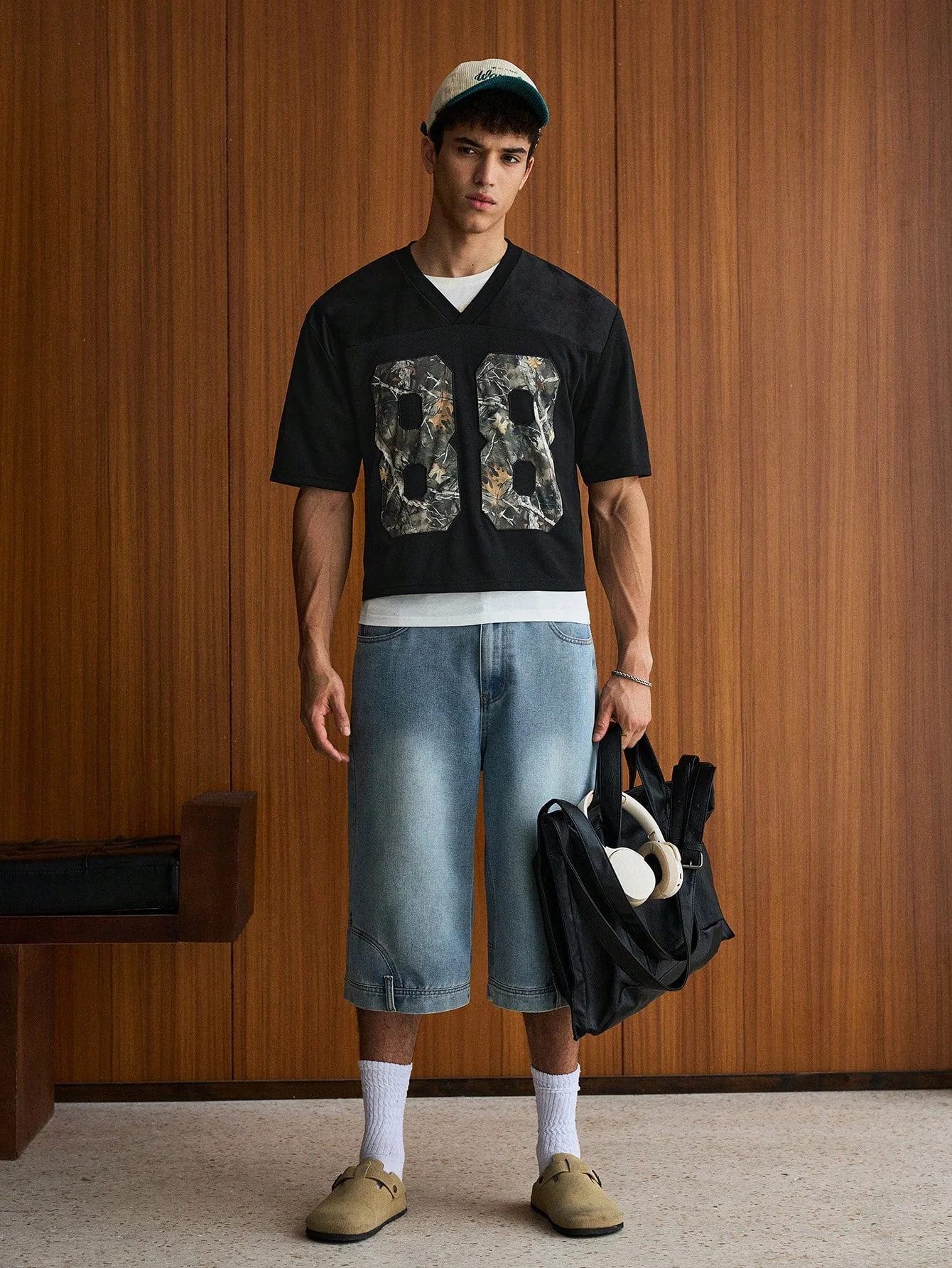 SWAVVY Standard Size Men's Fashion Casual Loose Short V-Neck Camouflage & Leaf Patch Patchwork Glossy Black Knitted T-Shirt - Image 5