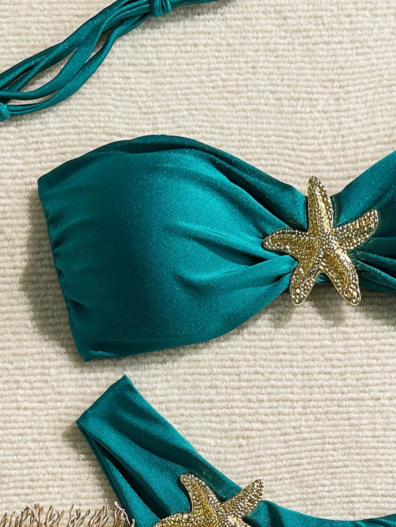 Swim Chiccia 2pcs Spring Break Solid Color Shiny Fabric Swimwear Top With Metal Starfish Decor And V-Cut - Image 4