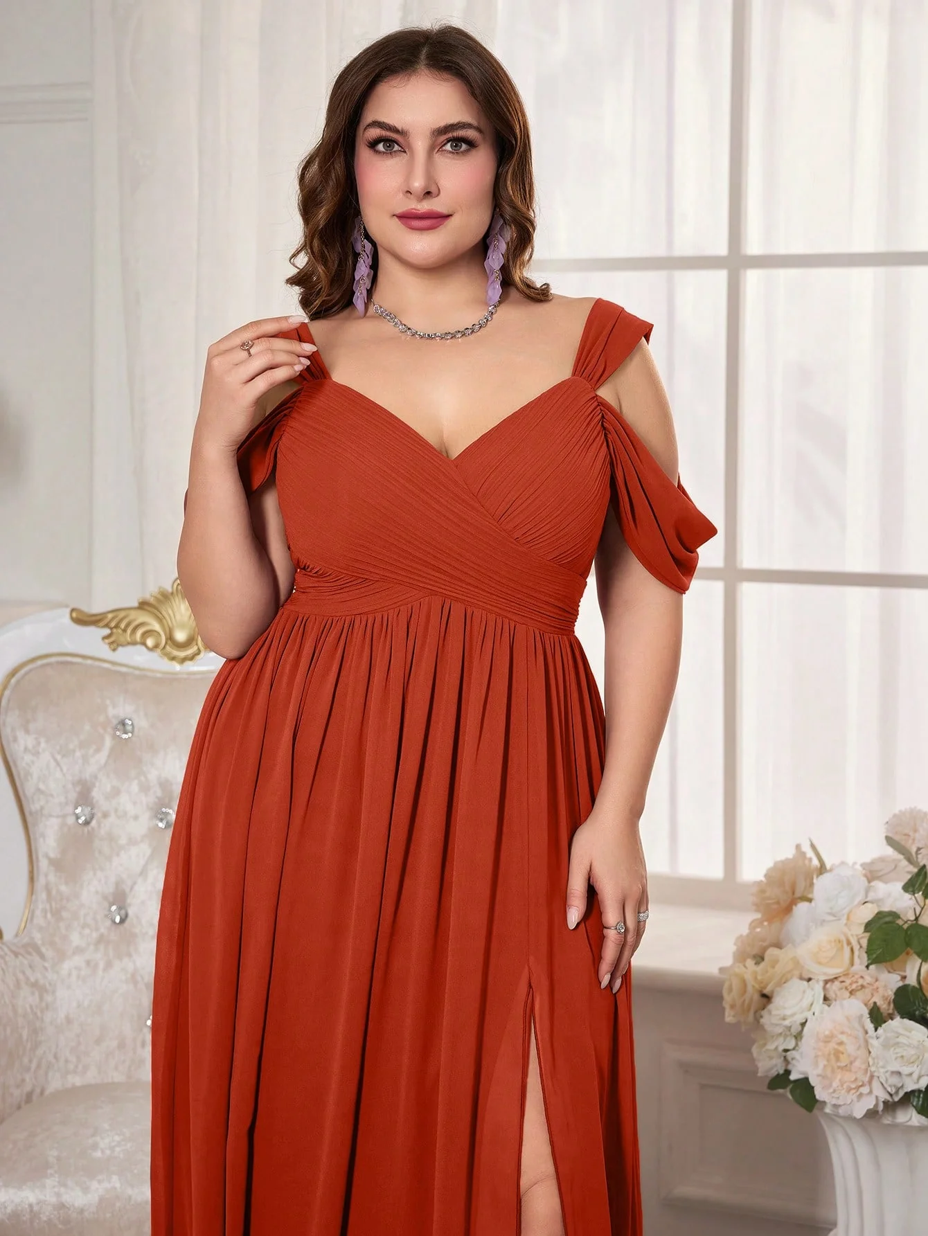 UNITHORSE Plus Size Women's Off-Shoulder Short Sleeve Chiffon Bridal Dress - Image 3