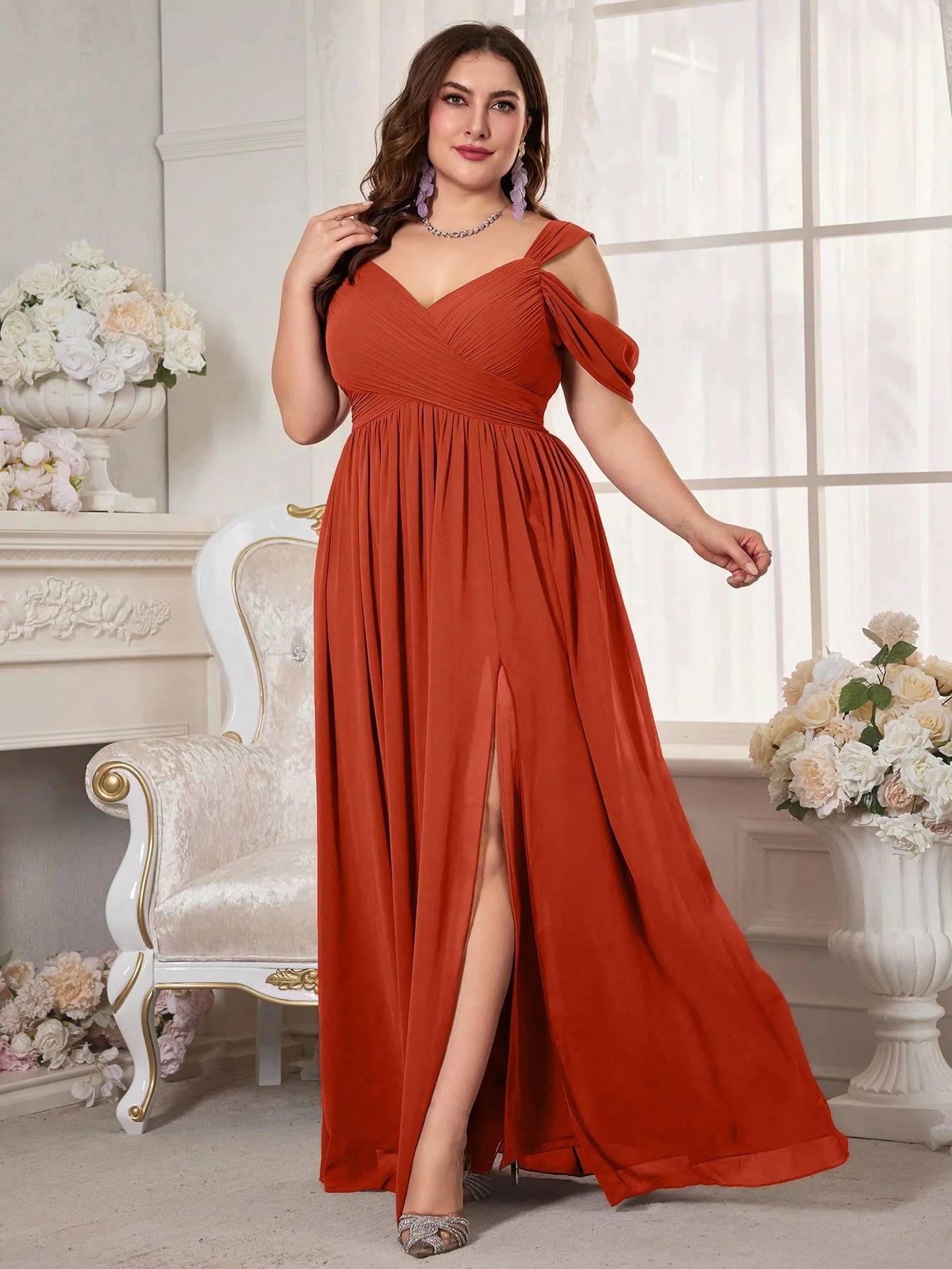 UNITHORSE Plus Size Women's Off-Shoulder Short Sleeve Chiffon Bridal Dress - Image 4