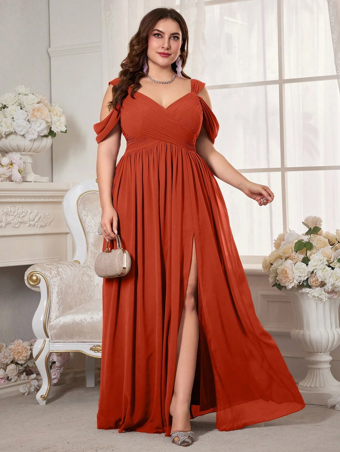 UNITHORSE Plus Size Women's Off-Shoulder Short Sleeve Chiffon Bridal Dress - Image 5