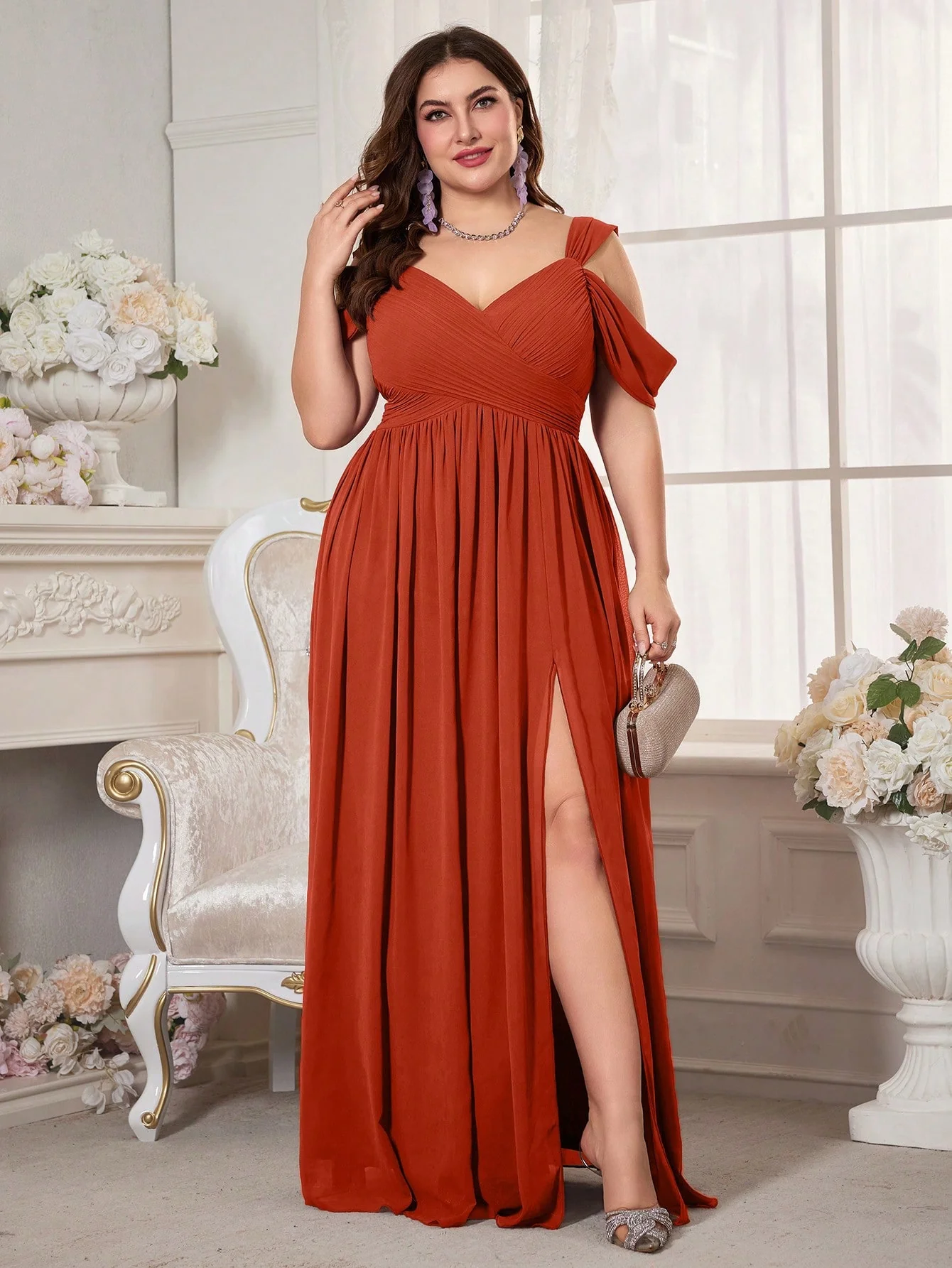UNITHORSE Plus Size Women's Off-Shoulder Short Sleeve Chiffon Bridal Dress - Image 6
