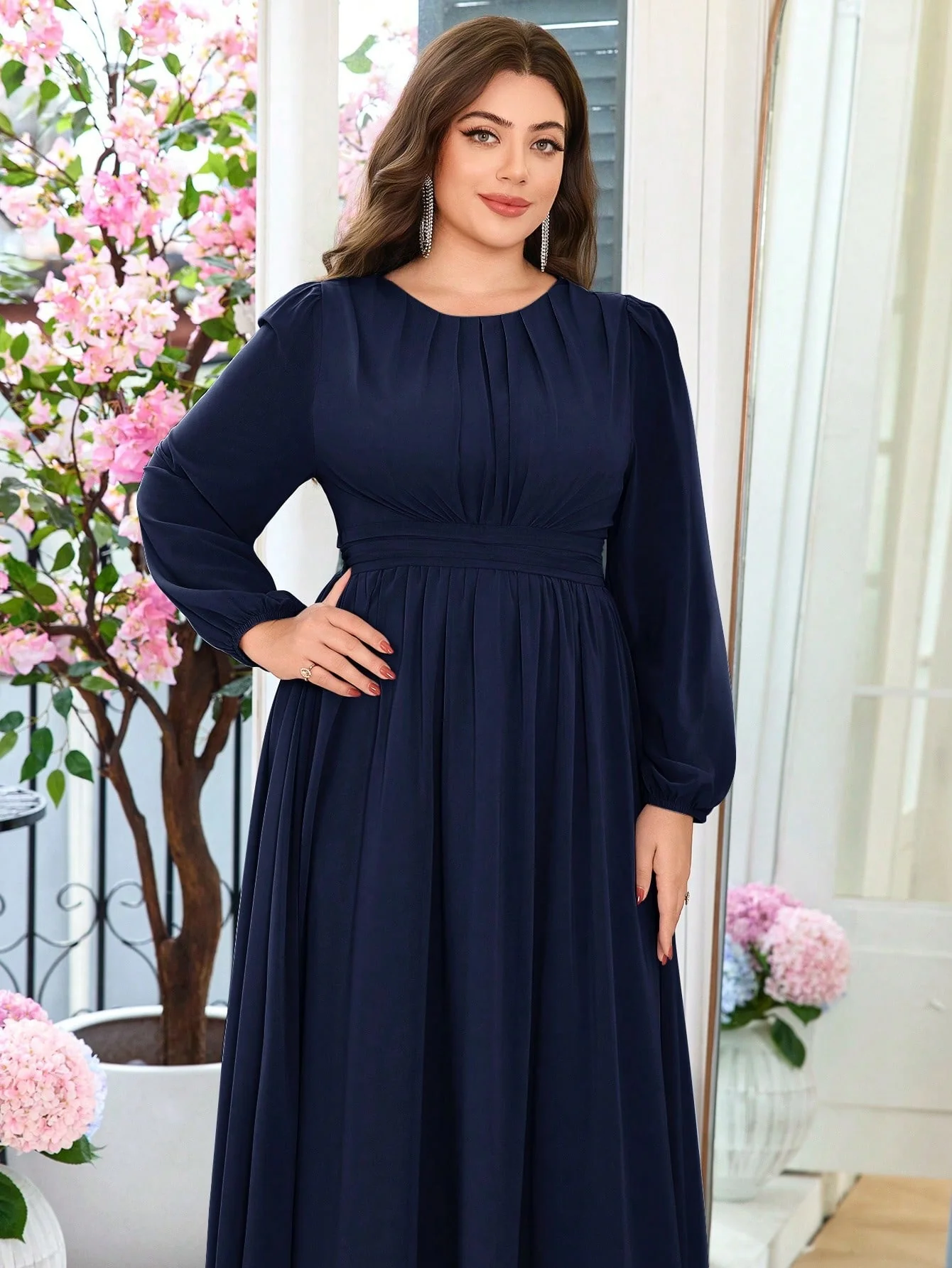Volly Toych Navy Blue Plus Size Women's Elegant A-Line Round Neck Long Sleeve Floor-Length Chiffon Formal Bridesmaid Dress - Image 3