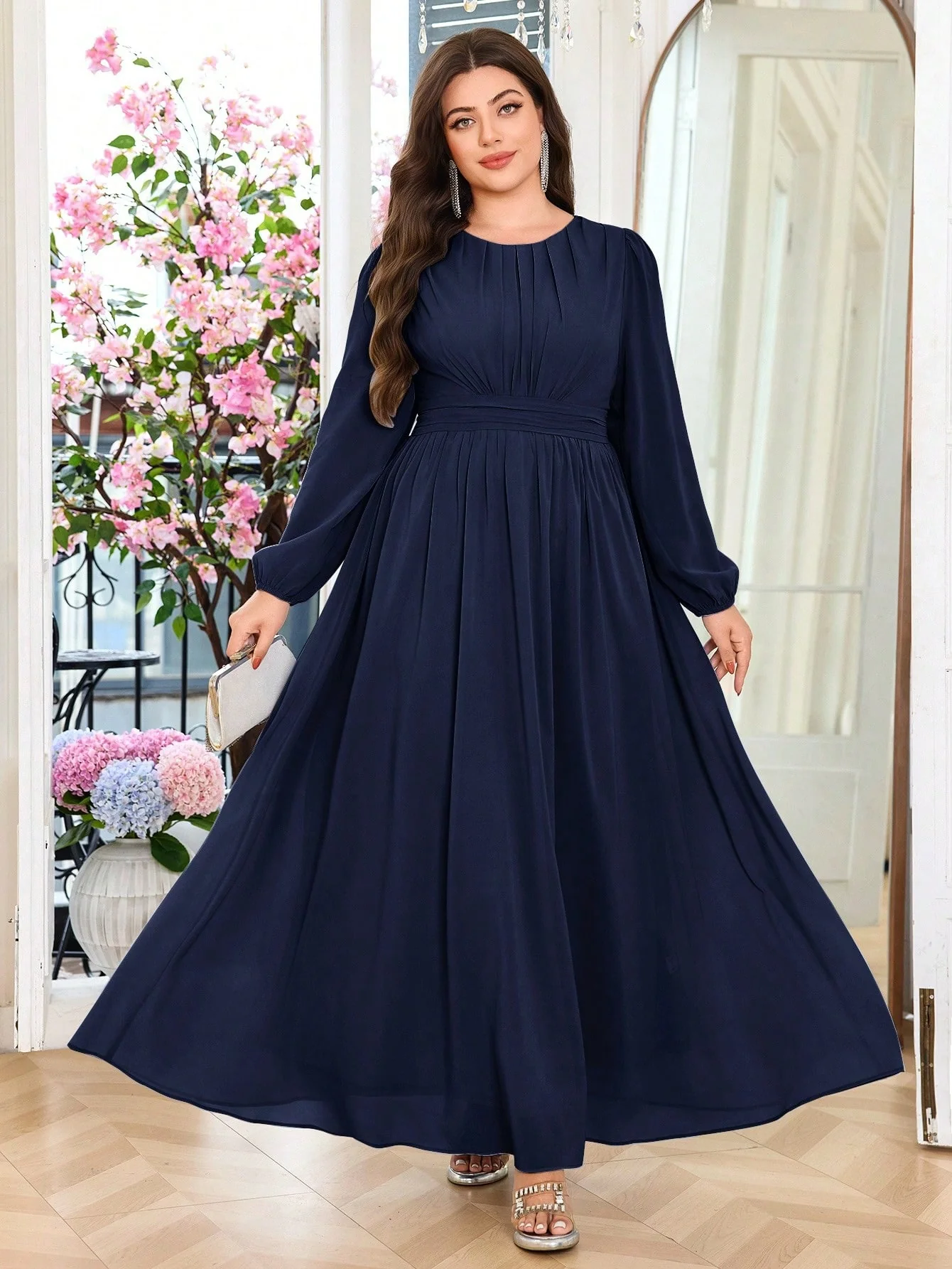 Volly Toych Navy Blue Plus Size Women's Elegant A-Line Round Neck Long Sleeve Floor-Length Chiffon Formal Bridesmaid Dress - Image 4