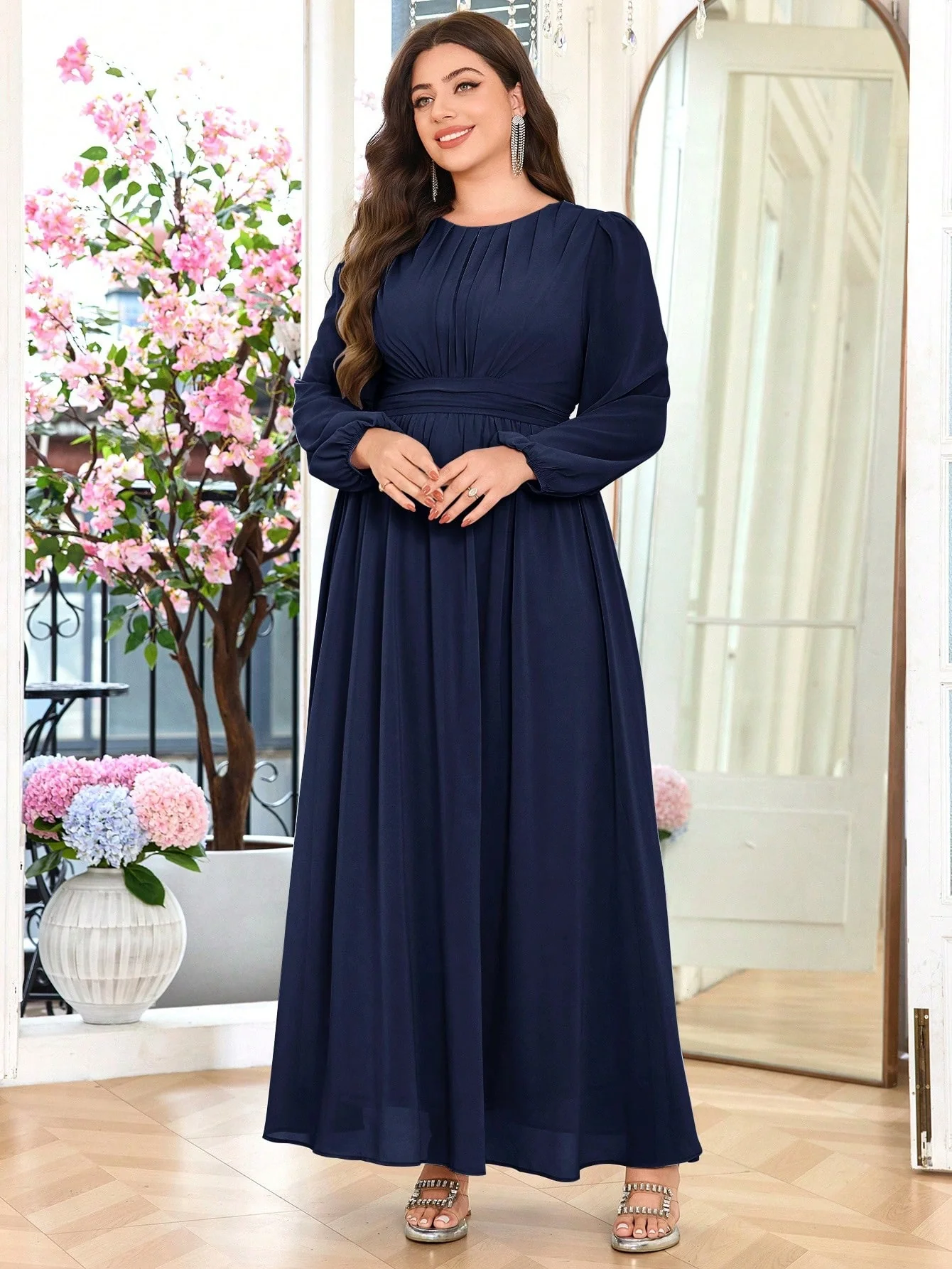 Volly Toych Navy Blue Plus Size Women's Elegant A-Line Round Neck Long Sleeve Floor-Length Chiffon Formal Bridesmaid Dress - Image 5