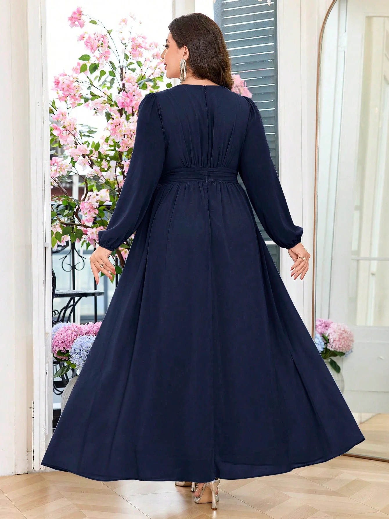 Volly Toych Navy Blue Plus Size Women's Elegant A-Line Round Neck Long Sleeve Floor-Length Chiffon Formal Bridesmaid Dress - Image 6