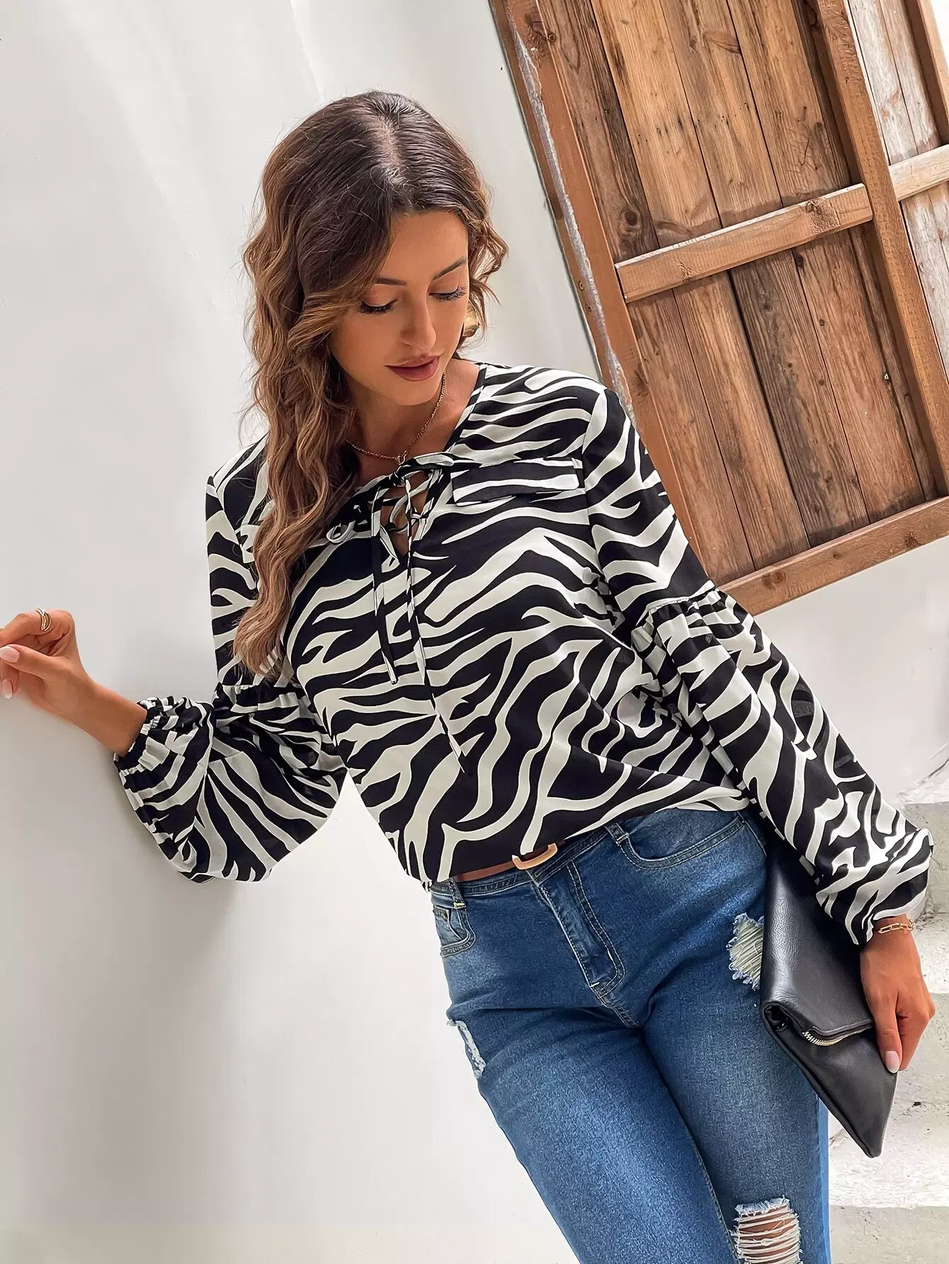 Zebra Striped Lace-up Bishop Sleeve Blouse - Image 6
